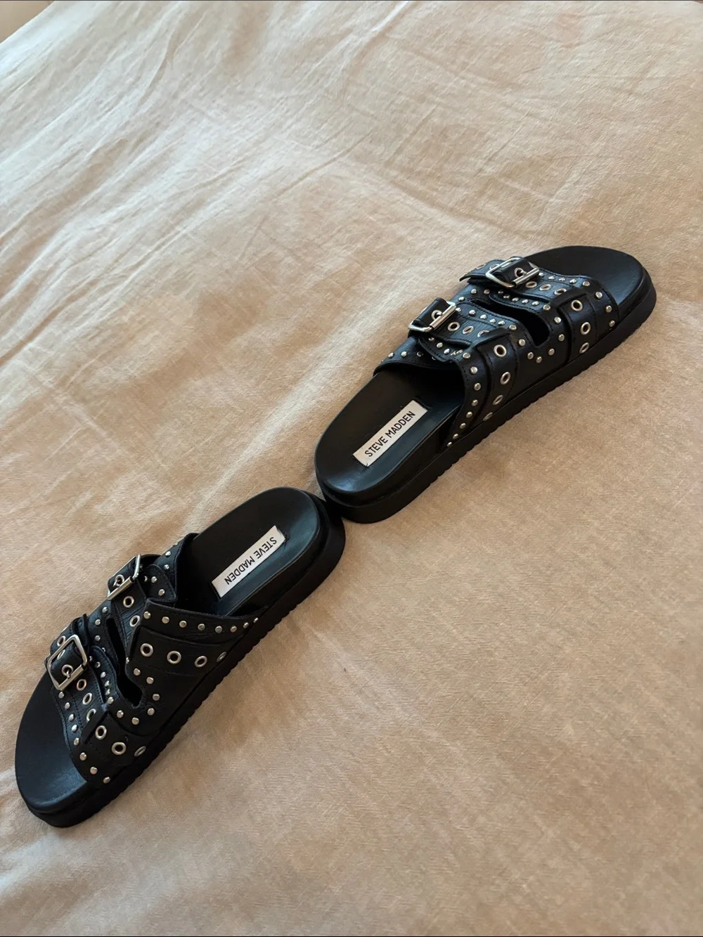 Steve Madden Black Studded Double-Buckle Slide Sandals